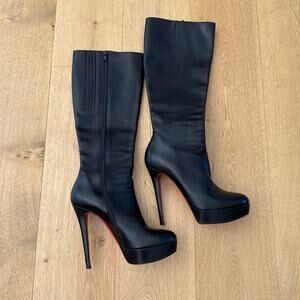 Christian Louboutin Stiletto Boots Knee High Leather Size 40.5 Black Red